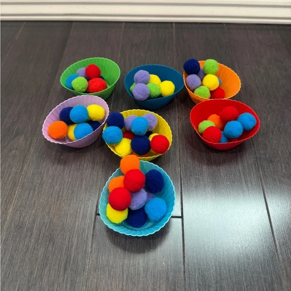 NWOT Colorful Pom Pom Sorting Toy Set with Silicone Cups Toddlers Kids